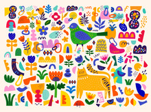 Cute Pattern Collection With Cat And Bird. Decorative Abstract Horizontal Banner With Colorful Doodles And Shapes. Hand-drawn Modern Illustrations With Cat, Flowers, Abstract Elements