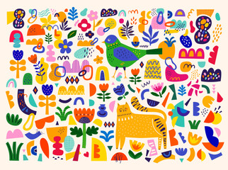 Wall Mural - Cute pattern collection with cat and bird. Decorative abstract horizontal banner with colorful doodles and shapes. Hand-drawn modern illustrations with cat, flowers, abstract elements