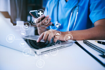 Medical Technology Concepts. Medical students use mobile phones to search for information in a modern office in the morning at the desk.