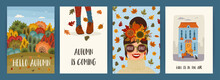 Set Of Autumn Illustrations With Cute Girl. Vector Design For Card, Poster, Flyer, Web And Other.