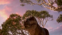 Tyrannosaurus Walks Through The Canyon In The Desert. Dinosaur. T-rex On The Hunt. 3d Rendering