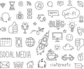 Wall Mural - Doodle social media icons. Web design and digital content, blogging and sharing. Business company, marketing sketch elements. Communication classy vector signs