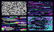 Glitched Textures. Glitch Glowing Computer Screen, Tv White Noise Graphic. 80s Art Distortion Pixelate, Digital Signal Failed. Cyberpunk Style Racy Vector Background