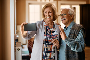 Wall Mural - Cheerful senior couple making video call over smart phone at nursing home.