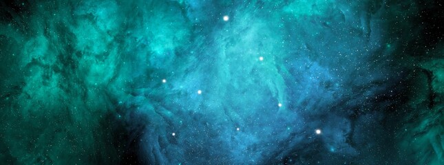 Wall Mural - Nebula and stars in night sky web banner.  Space background with realistic nebula and shining stars. Abstract scientific background with nebulae and stars in space.  Multicolor outer space.