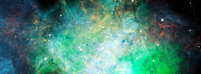 Wall Mural - Nebula and stars in night sky web banner.  Space background with realistic nebula and shining stars. Abstract scientific background with nebulae and stars in space.  Multicolor outer space.