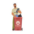 © Sensvector - Male character throwing outdated or broken electronic devices or gadgets in recycling container bin. Ecology and environmental awareness. Flat cartoon, vector in flat style