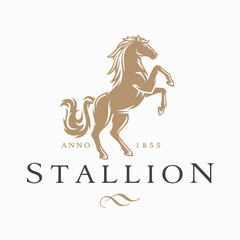 Wall Mural - Horse logo. Stallion emblem. Wild mustang rearing icon. Luxury equine estate brand identity. Gold equestrian label design. Vector illustration.