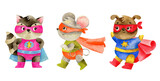 Fototapeta Pokój dzieciecy - A cute super hero animals - racoon, mouse, dog - watercolor illustration. Super hero funny animals with funny costume and mask in cartoon style.