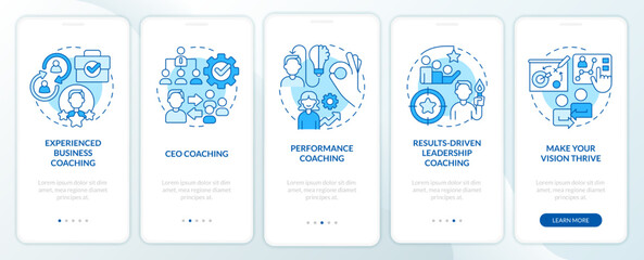 Corporate coaching service blue onboarding mobile app screen. Walkthrough 5 steps editable graphic instructions with linear concepts. UI, UX, GUI template. Myriad Pro-Bold, Regular fonts used