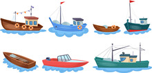 Boats With Fishing Nets. Fisherman Boat Marine Ship Sea Ocean Fisheries For Fish Production Industrial Seafood Shippings Water Vessel Fishery Towboat, Neoteric Vector Illustration