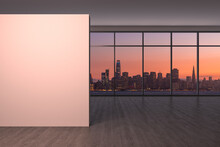 Downtown San Francisco City Skyline Buildings From High Rise Window. Beautiful Expensive Real Estate. Empty Room Interior. Mockup Wall. Skyscrapers Cityscape. Sunset California. 3d Rendering
