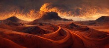 Post Apocalyptic Burning Planet, Barren Desert Dune Landscape With Inferno Fire Storms Raging Across At The Horizon. Gorgeous Surreal Burnt Orange And Fiery Red Digital Oil Paint Colors.