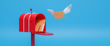 Red Mailbox With Flying Envelope, Open Mailbox With Letters Inside, Mail Delivery And Newsletter Concept. Receiving Mail Concept. Mailbox Envelope Correspondence Postal Mail Isometric. 3d Rendering