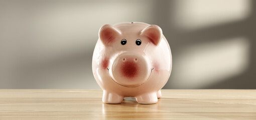 Wall Mural - Ceramic piggy bank and wall with shadows. 