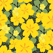 Buttercup Vector Seamless Pattern Background. Hand-drawn Yellow Green Floral Repeat On Dotted Backdrop. Perennial Herbaceous Garden Flower Scattered Design.All Over Print For Packaging, Spring, Kids.