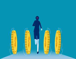 Wall Mural - Businesswoman run forward with coins. Business investor vector concept