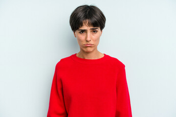 Young caucasian woman with a short hair cut isolated sad, serious face, feeling miserable and displeased.