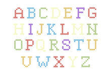 Colorful Embroidering Cross Stitch Kids Alphabet. Made In Vector.