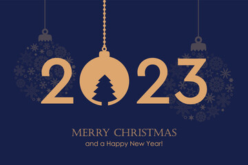 Wall Mural - happy new year 2023 typography with hanging christmas ball