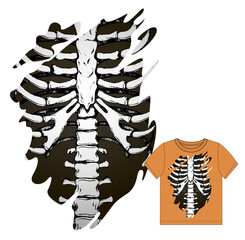 Torn hole with skeleton inside. Print for t shirt. Halloween vector illustration.