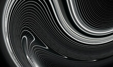 Dynamic Digital Black White 3d Curves And Waves Distorted In Deep Space. Concept Of Sound, Music, Vibration. Rhythm Of Lines, Curves And Waves Create Loops And Twirls. Great As Cover Print, Backdrop.