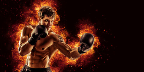 fighter man punching in fire. mma fighter