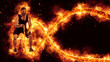 © zamuruev - Muscular man working out with battle ropes. Flame background