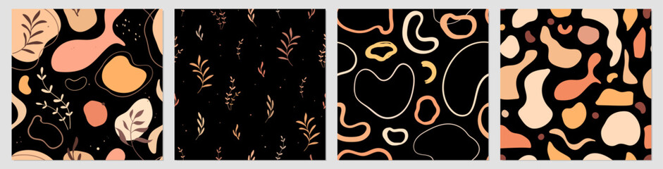 Wall Mural - Vector set. Seamless patterns with abstract shapes and leaves. Colorful background. Hand drawn illustrations. Texture for print, textile, fabric, packaging.