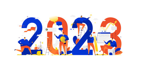 Office staff are preparing to meet the new year 2023. Cartoon characters repair the numbers. Image is isolated on white background. Flat illustration for banner and site.