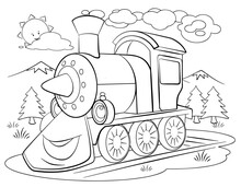 Cartoon Locomotive For Coloring Page.	