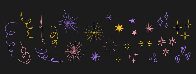 large set of bright abstract stars, fireworks, confetti. and doodles. bright positive stickers. hand