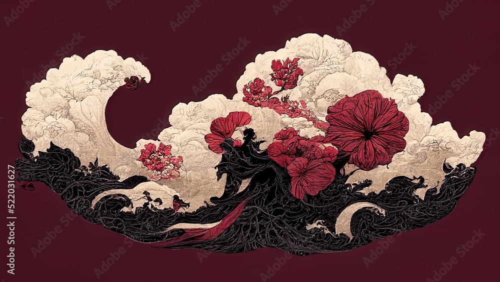 Abstract chinese, japanese ink calligraphy painting. Black and red ...