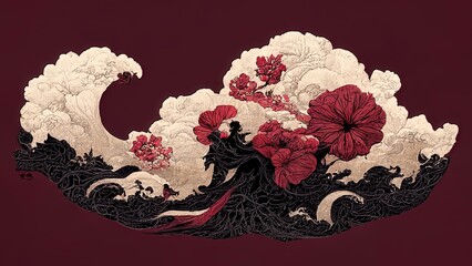 Wall Mural - Abstract chinese, japanese ink calligraphy painting. Black and red abstract illustration painted with brush. Red flowers, black wave, cherry blossom on chinese paper. 4K background, wallpaper