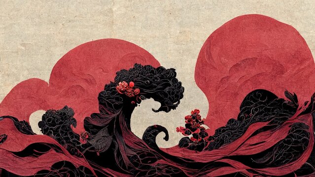 Wall Mural -  - Abstract chinese, japanese ink calligraphy painting. Black and red abstract illustration painted with brush. Red flowers, black wave, cherry blossom on chinese paper. 4K background, wallpaper