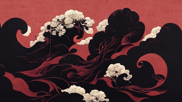 Wall Mural -  - Abstract chinese, japanese ink calligraphy painting. Black and red abstract illustration painted with brush. Red flowers, black wave, cherry blossom on chinese paper. 4K background, wallpaper