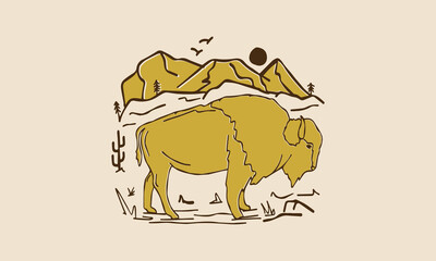 vintage vector art illustration bison in the wild