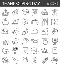 36 Thanksgiving Day Thin Line Icon Set. Holiday Diner, Food, Drink Vector Linear Symbol Pack. Graphic Collection. 
