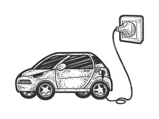 electric car charging from power outlet socket sketch engraving raster illustration. Scratch board imitation. Black and white hand drawn image.