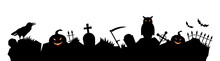 Spooky Midnight Graveyard. Horizontal Vector Banner For Halloween Holiday. Silhouette Of Owl, Pumpkins, Crow Etc.