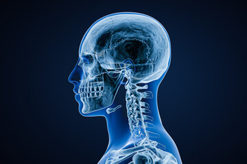 Wall Mural - xray image of lateral or profile view of skull of adult male with body contours isolated on blue bac