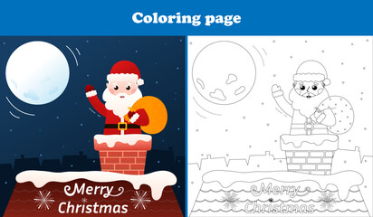 Wall Mural - Santa Claus is coming down the chimney coloring page for christmas, printable worksheet for kids in cartoon style