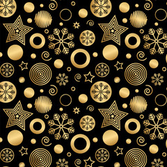 Poster - Christmas background seamless pattern with balls, snowflakes and stars. Abstract circle element design pattern. Vector gold circle design for holiday decorations, wrapping paper, invitation.