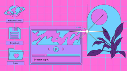 Poster - Vaporwave retro desktop with user interface elements. Modern anime illustrations in nostalgic colorful style of the 80s and 90s.