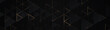 Luxury triangles abstract black metal background with golden light lines. Dark 3d geometric texture illustration. Bright grid pattern. Pure black horizontal banner wallpaper. Carbon elegant wedding BG