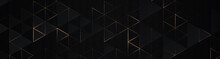 Luxury Triangles Abstract Black Metal Background With Golden Light Lines. Dark 3d Geometric Texture Illustration. Bright Grid Pattern. Pure Black Horizontal Banner Wallpaper. Carbon Elegant Wedding BG