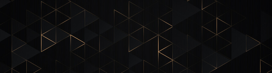 Wall Mural - luxury triangles abstract black metal background with golden light lines. dark 3d geometric texture 