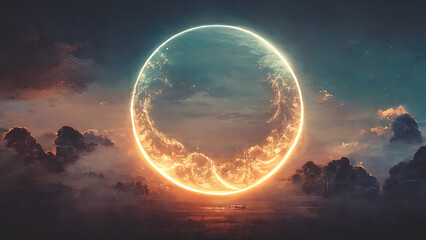 Abstract fantasy neon space landscape. Star nebulae, month and moon, mountains, fog. Unreal fantasy world. Silhouettes, horoscope, zodiac signs. 3D illustration.