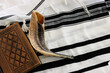 Leinwandbild Motiv religion image of shofar (horn) on white prayer talit. Rosh hashanah (jewish New Year holiday), Shabbat and Yom kippur concept