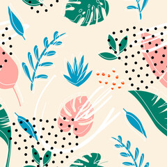 Wall Mural - Seamless tropical leaves. Wallpaper. Pattern. For banner, postcard and posters. Vector. Hand drawn doodle elements: dots, circles, doodles.	